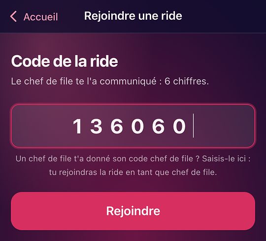 L'écran Rejoindre une ride, avec un code saisi