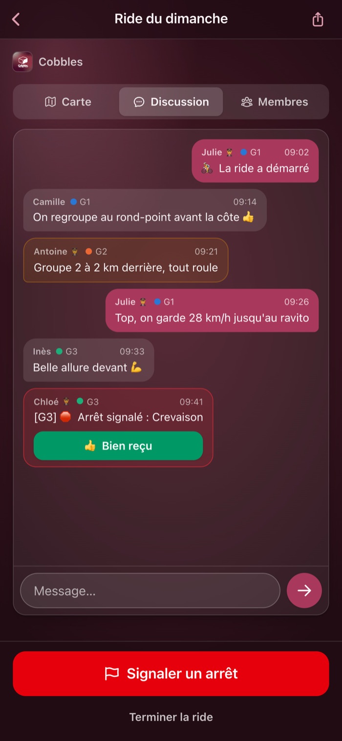 La discussion d'une ride, avec un arrêt signalé et le bouton Bien reçu